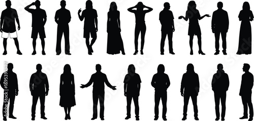 Group of diverse black silhouettes of people standing, posing, and gesturing, various male and female figures in casual and formal poses, isolated on white background, social diversity concept
