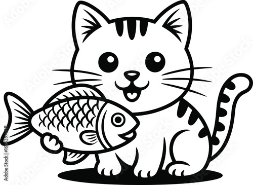 Cute Cat Holding a Fish Illustration