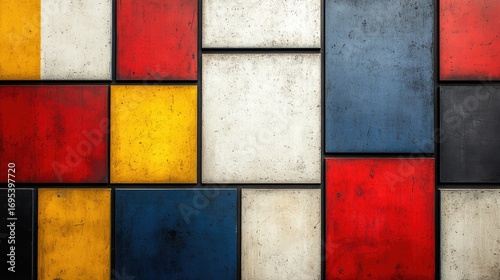 Bauhaus-Inspired Grid of Muted Primary Color Squares in Soft Red, Blue and Yellow on White Background