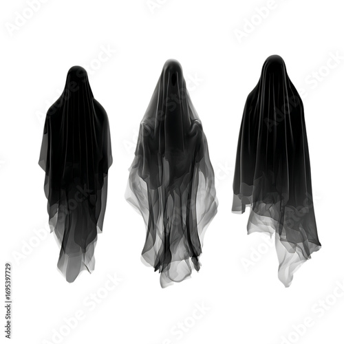 Mysterious ghostly figures in black veils, spooky transparent shrouded people