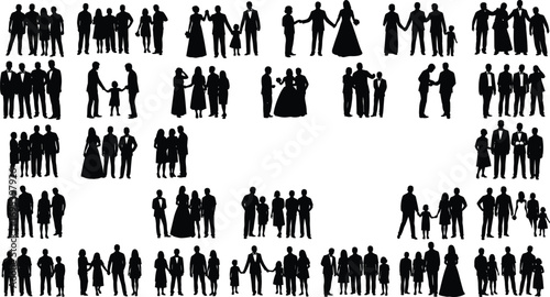 Silhouettes of diverse family groups, wedding guests, parents with children, formal gathering, social event crowd in various elegant poses