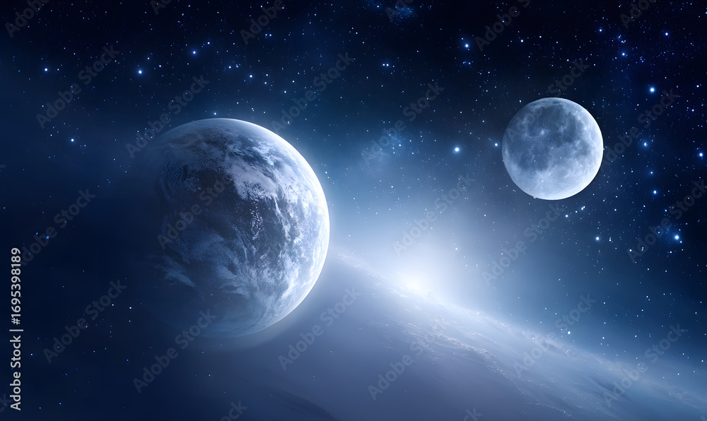 Obraz premium Harmonious cosmic view of Earth and Moon shining brightly against a star-filled deep space backdrop showcasing celestial beauty and vast universe. generative aI