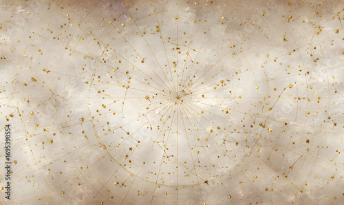 Elegant vintage celestial map with golden constellation lines and shining stars on brown textured background classical astronomy chart mystical cosmic design. generative aI