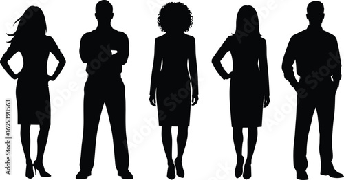 Silhouettes of professional business people standing confidently, diverse team, office workers, formal dress, leadership concept, corporate group posture