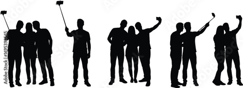 Silhouette of people taking selfies, group friends with selfie stick, modern social media pose, happy moments, mobile photography concept