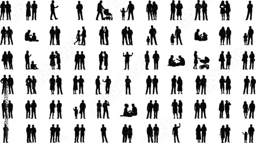 Collection of family and people silhouettes, parents with children, couples, adults in conversation, various human poses, black vector set