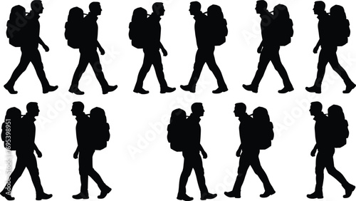 Silhouettes of hikers walking with backpacks, trekking in motion, outdoor travelers journeying on foot, black vector icons for adventure themes