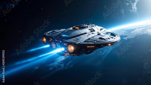 Wallpaper Mural Futuristic Spaceship in Orbit, Earth in Background Torontodigital.ca