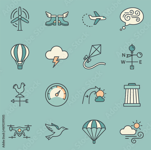 Adobe Illustrator Artwork Air element aviation weather icons on blue airscape for atmospheric design. Suitable for aviation, meteorology, weather forecasting, and science projects.
