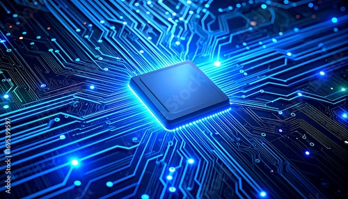 Futuristic Microchip Technology Background with Glowing Circuitry Lines