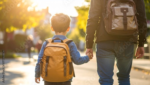 Happy Child Carrying Backpack Walking on Street with Adult Supervision Highlighting Safety, Security, and Family Protection Awareness Message