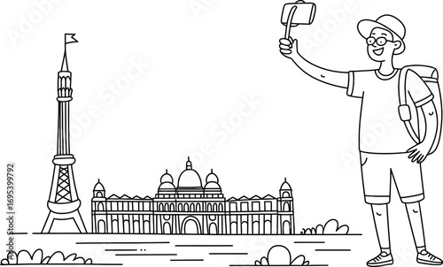 Tourist taking a selfie with famous landmarks