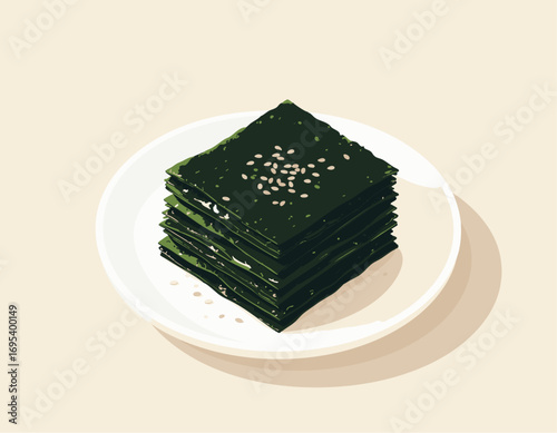Stack of seasoned seaweed sheets with sesame seeds on white plate traditional Korean side dish