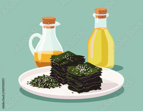 Dry Seaweed nori  sheets with sesame oil bottles traditional Asian healthy snack rice