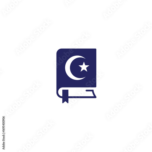 Blue Islamic holy book icon featuring a white crescent moon, star, and a bookmark.