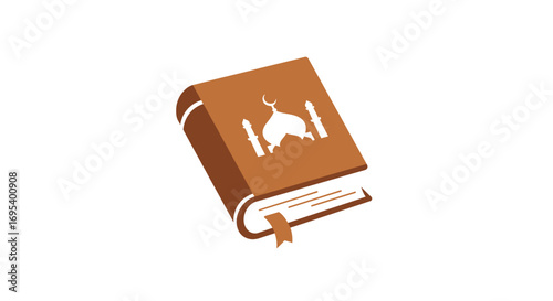 Brown religious book with mosque silhouette on cover, featuring a visible bookmark.