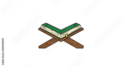 Open Green Book on Wooden Lectern, Islamic Style Illustration.
