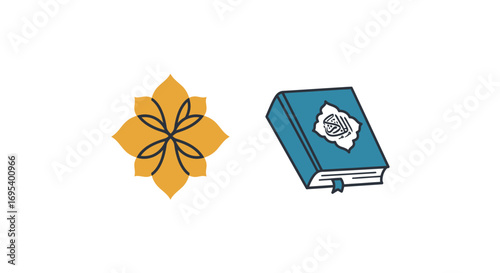 Islamic Book and Floral Design Element - Teal Quran with Gold Mandala.