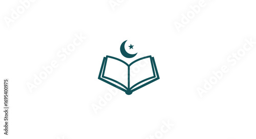 Stylized line art icon of an open Quran, the holy book of Islam, with a crescent moon and star.