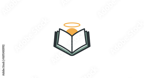 Stylized open book icon with a golden halo and rising sun, symbolizing holy scripture or sacred knowledge.