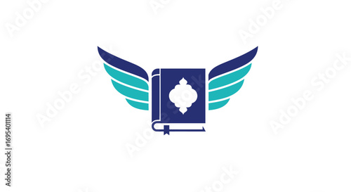 Stylized Book with Teal and Blue Wings, Symbolic Design.