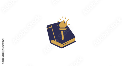 A dark blue hardcover book with gold trim, featuring a lit golden torch emblem.