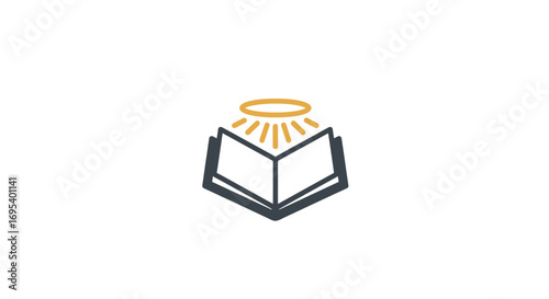 Stylized open book icon with golden halo and radiating light rays.
