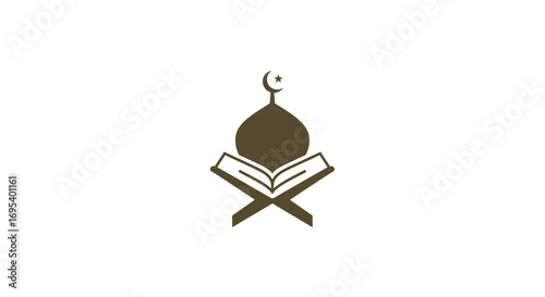Islamic Religious Symbol - Quran on Stand with Mosque Dome and Crescent Moon.
