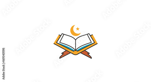 Open Quran on Wooden Stand with Crescent Moon and Star Icon.
