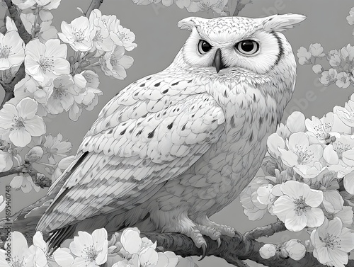 A majestic snowy owl perches on a cherry blossom branch in a monochrome nature illustration art piece.