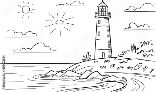 Sketch of a Lighthouse on a Rocky Shoreline