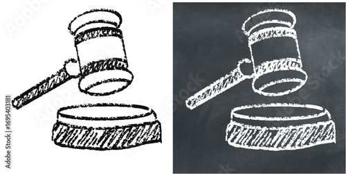 Chalk hand-drawn purpose gavel vector. Ideal for legal, justice, and auction themes. Captures a classic, sketchy feel with a raw and textured aesthetic, perfect for courtroom or business designs.