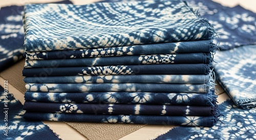 Stack of Indigo Dyed Fabrics with Unique Shibori Patterns and Te