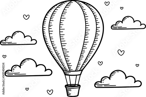 Hand-drawn hot air balloon with clouds and hearts