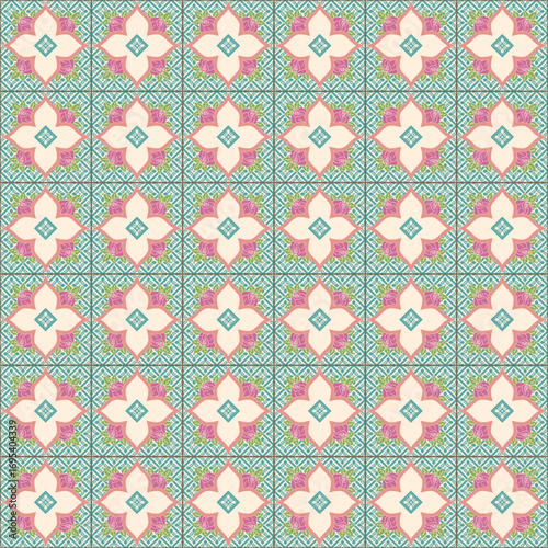 Flat Pastel Teal Color Nyonya Floral Tile Seamless Pattern
