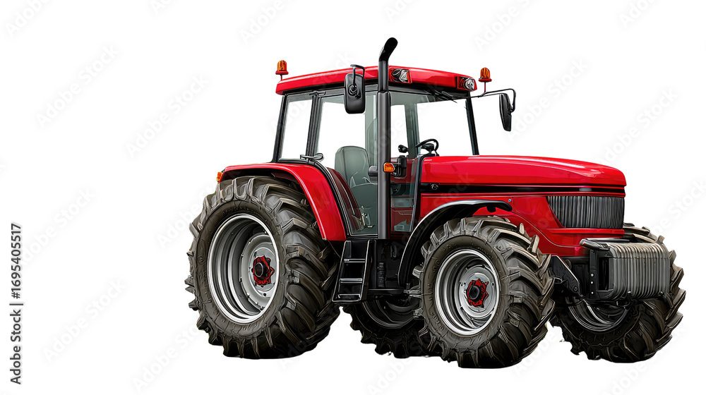 Fototapeta premium Red Tractor: A powerful red tractor, a symbol of agricultural efficiency, stands ready, its sturdy tires prepared to cultivate fields, embodying the spirit of rural life.