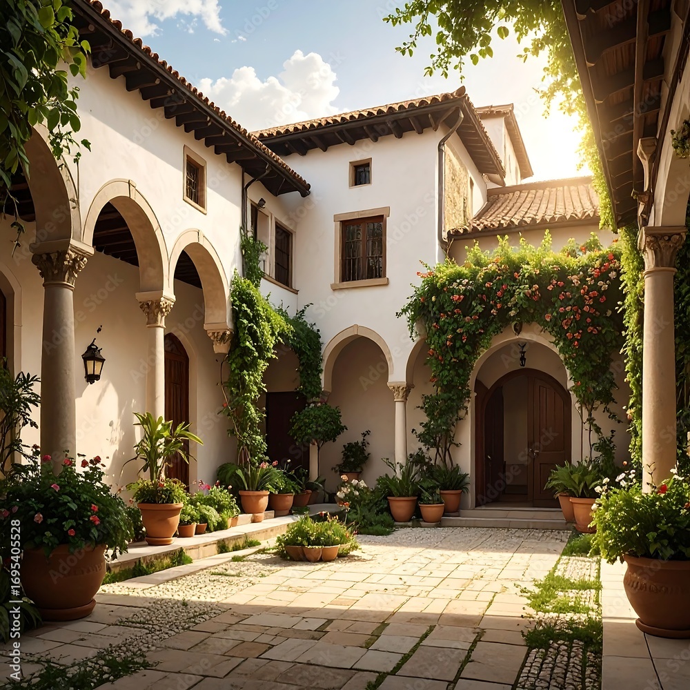 Naklejka premium A sun-drenched courtyard, featuring arches, lush greenery, and terracotta pots, exudes tranquility and classic architectural beauty.