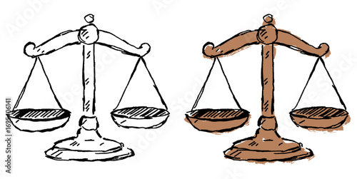 Grunge sketch hand-drawn scale of justice vector. Ideal for adding a raw, textured feel to legal and ethical themes. Features a distressed and edgy aesthetic.