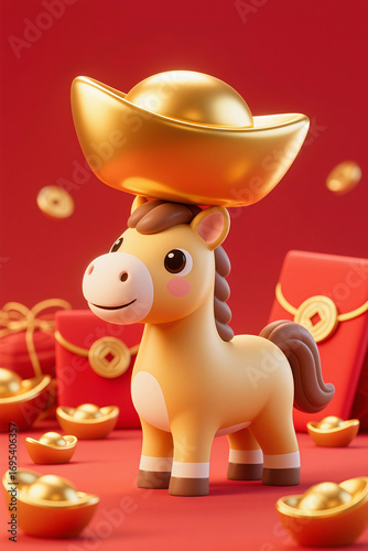 The cute little golden horse is adorned with a red New Year element background of golden ingots on its head