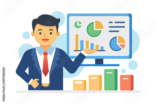 Flat vector icon of a business trainer giving a financial presentation with a dollar sign on a board in front of an audience. Perfect for illustrating concepts such as business training, investment ed