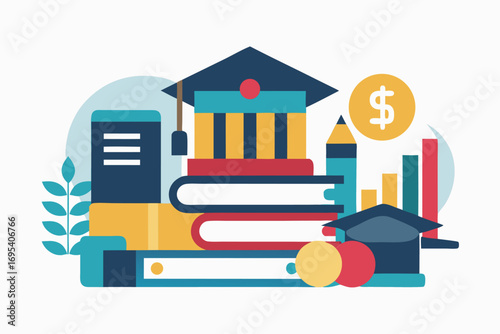 Flat vector icon of a business trainer giving a financial presentation with a dollar sign on a board in front of an audience. Perfect for illustrating concepts such as business training, investment ed