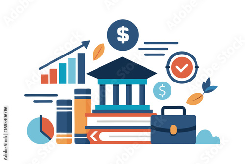 Flat vector icon of a business trainer giving a financial presentation with a dollar sign on a board in front of an audience. Perfect for illustrating concepts such as business training, investment ed
