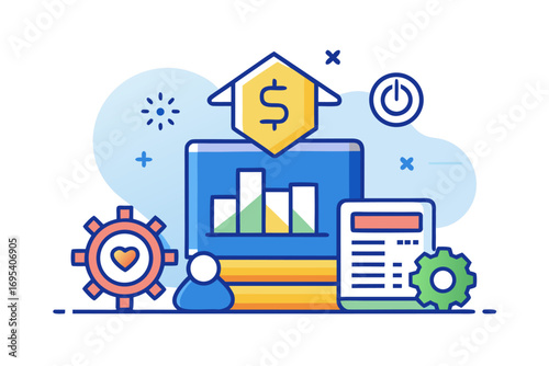 Flat vector icon of a business trainer giving a financial presentation with a dollar sign on a board in front of an audience. Perfect for illustrating concepts such as business training, investment ed