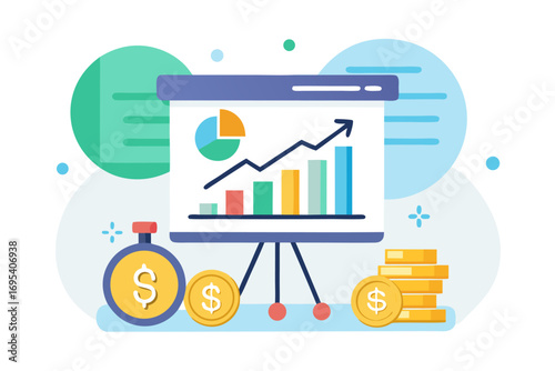 Flat vector icon of a business trainer giving a financial presentation with a dollar sign on a board in front of an audience. Perfect for illustrating concepts such as business training, investment ed