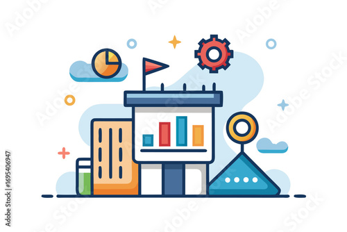 Flat vector icon of a business trainer giving a financial presentation with a dollar sign on a board in front of an audience. Perfect for illustrating concepts such as business training, investment ed