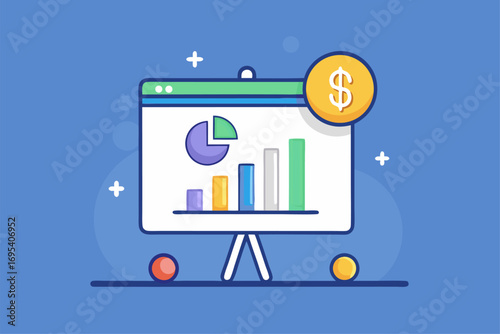 Flat vector icon of a business trainer giving a financial presentation with a dollar sign on a board in front of an audience. Perfect for illustrating concepts such as business training, investment ed