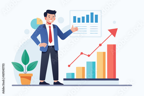 Flat vector icon of a business trainer giving a financial presentation with a dollar sign on a board in front of an audience. Perfect for illustrating concepts such as business training, investment ed