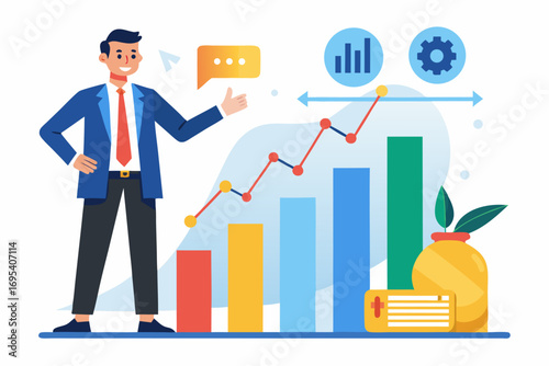 Flat vector icon of a business trainer giving a financial presentation with a dollar sign on a board in front of an audience. Perfect for illustrating concepts such as business training, investment ed