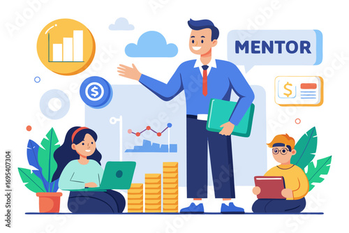 Flat vector icon of a business trainer giving a financial presentation with a dollar sign on a board in front of an audience. Perfect for illustrating concepts such as business training, investment ed