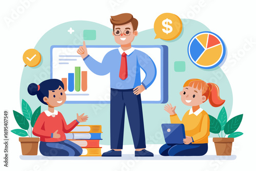 Flat vector icon of a business trainer giving a financial presentation with a dollar sign on a board in front of an audience. Perfect for illustrating concepts such as business training, investment ed